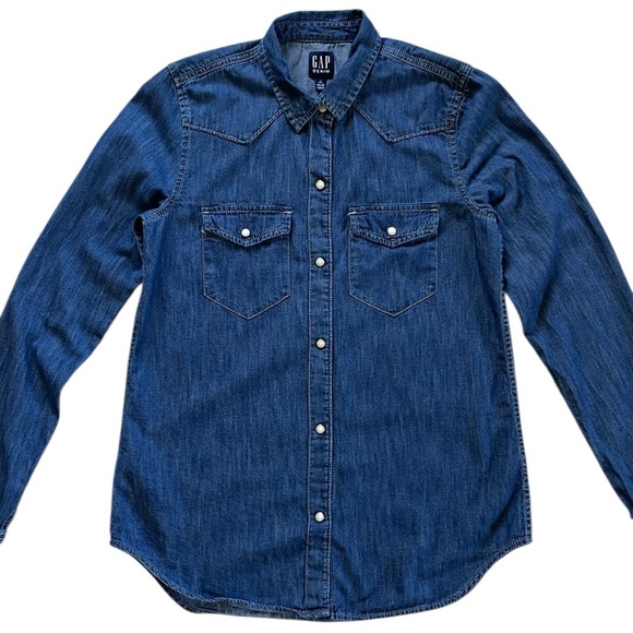 GAP Western Denim Pearl Snap Shirt Size Small Tall - Picture 1 of 11